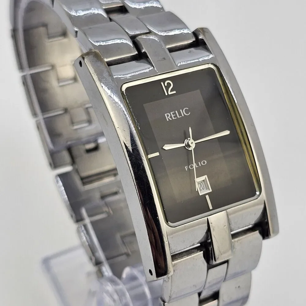 Relic‎ Tank Watch Men 27mm ZR77044 Silver Tone Black Dial Date New Battery 7.5